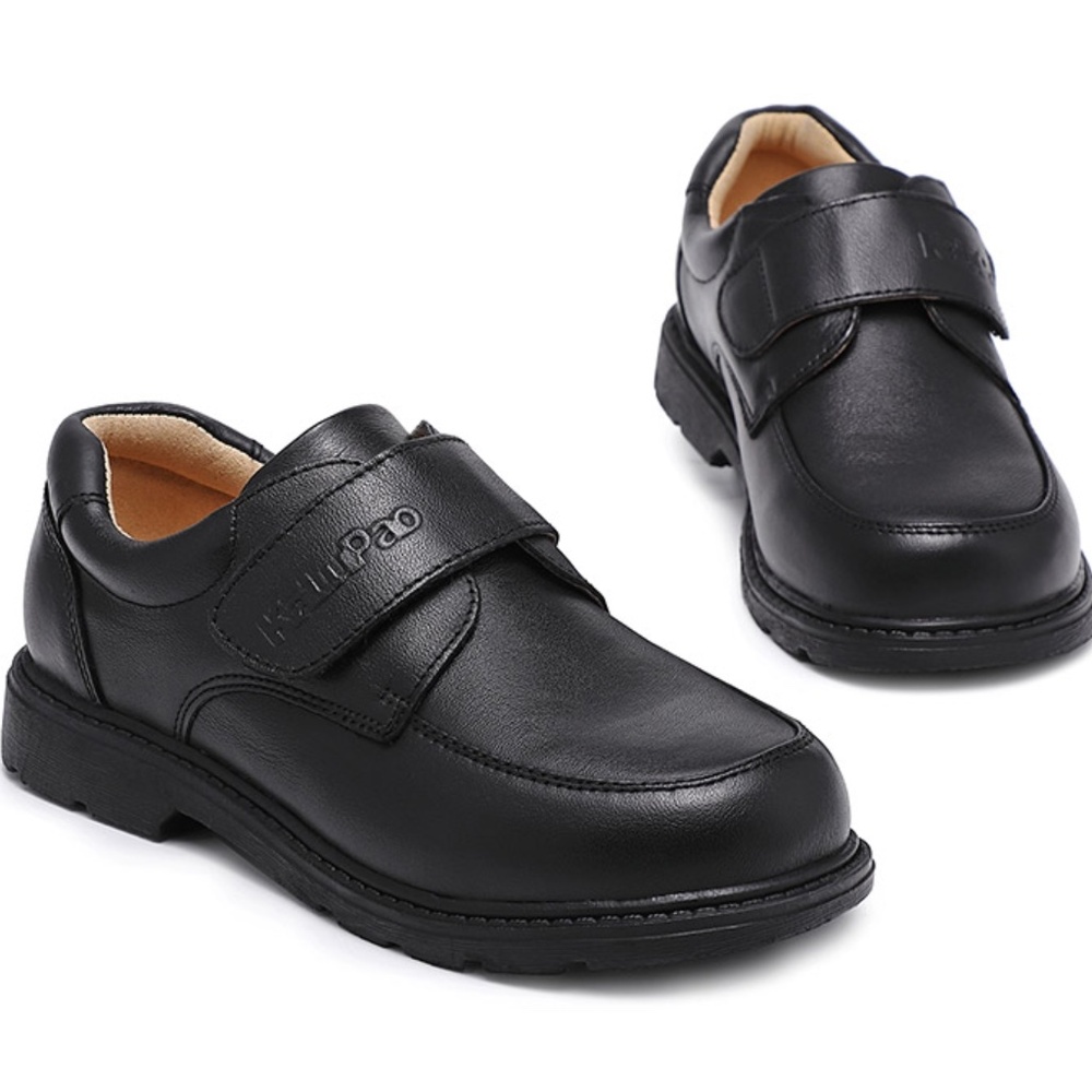 Boy Black Dress Shoe/Velcro/Round Flat/Slip on/ Genuine Leather/Back to School/ - Picture 2 of 11